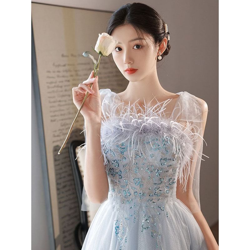 Trim Evening Fluffy Sequined Tie-Shoulder A-Line Gown