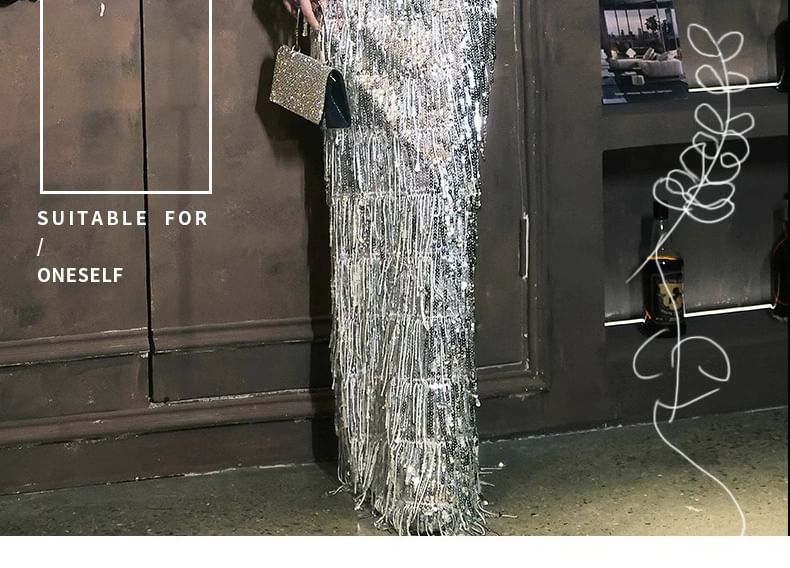 Velvet Sequined Tasseled Evening Gown Off-Shoulder A-Line Panel