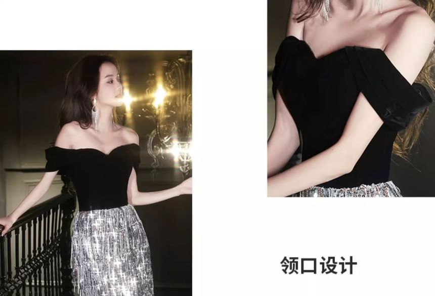 Velvet Sequined Tasseled Evening Gown Off-Shoulder A-Line Panel