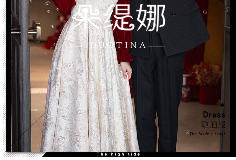 Faux Puff-Sleeve Chinese Jacquard A-Line Floral Wedding Dress Pearl