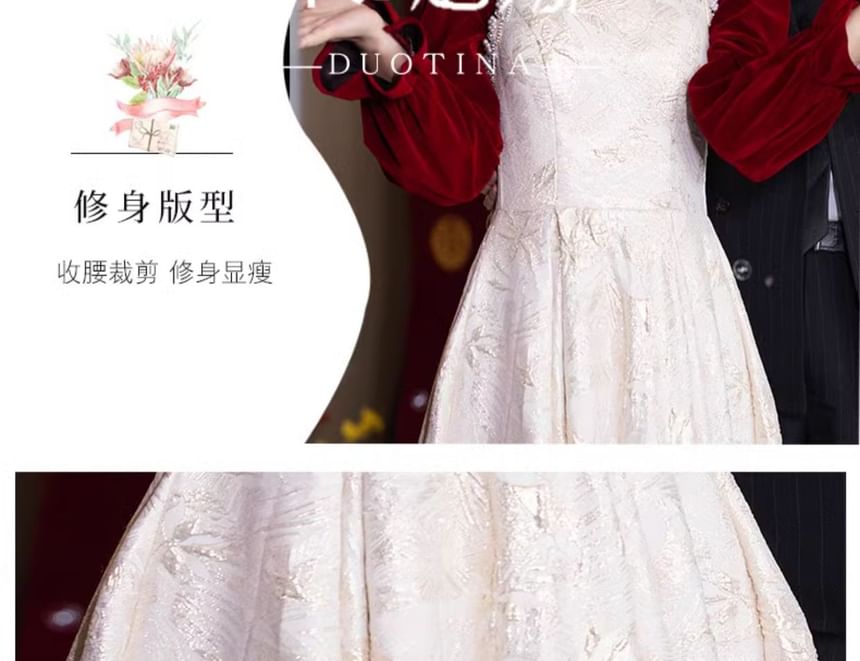 Faux Puff-Sleeve Chinese Jacquard A-Line Floral Wedding Dress Pearl