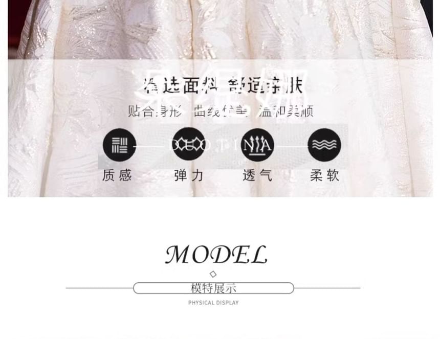 Faux Puff-Sleeve Chinese Jacquard A-Line Floral Wedding Dress Pearl