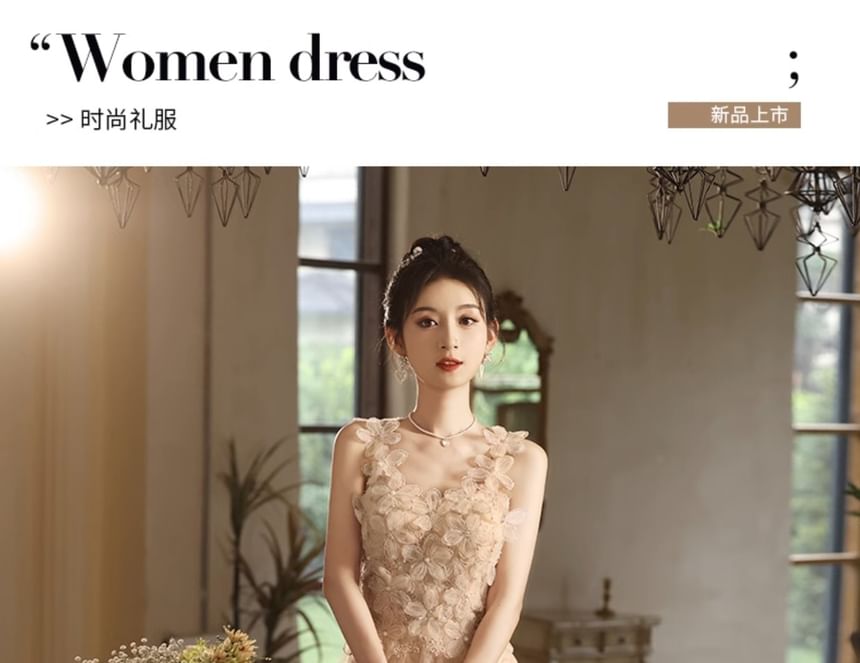 Strap Evening Gown A-Line Wide Floral