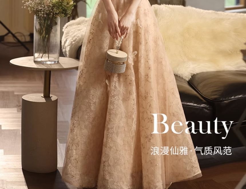 Strap Evening Gown A-Line Wide Floral