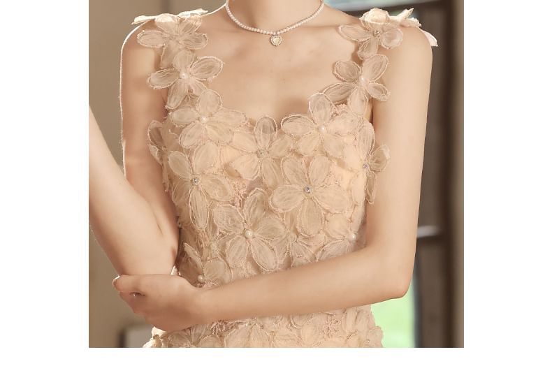 Strap Evening Gown A-Line Wide Floral