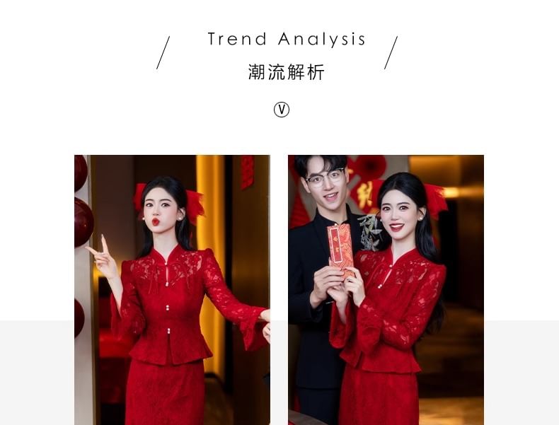 Buttoned Frog Waist Midi Top Pencil + Set: High Skirt Button-Up Long-Sleeve Lace