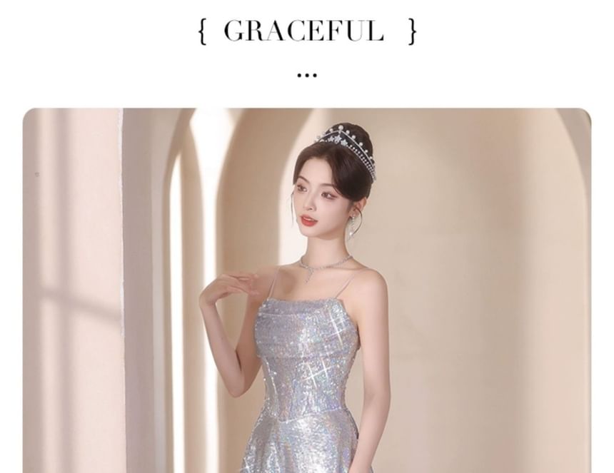 Spaghetti A-Line Evening Gown Strap Sequined