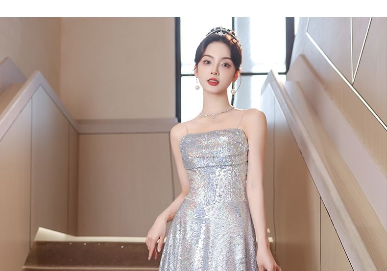 Spaghetti A-Line Evening Gown Strap Sequined