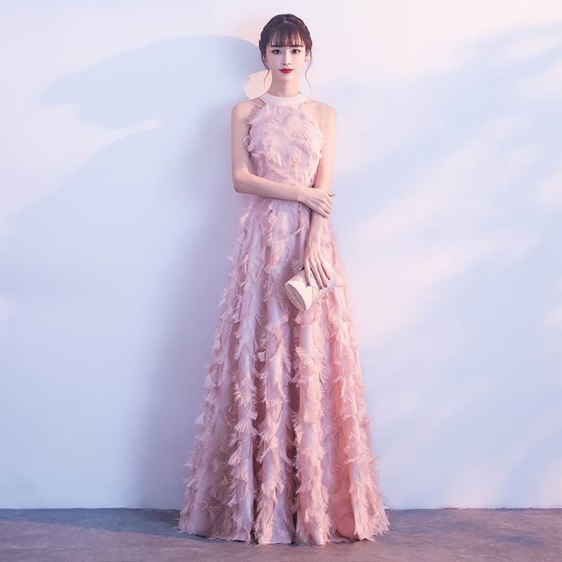 Halter-Neck A-Line Feather Gown Evening