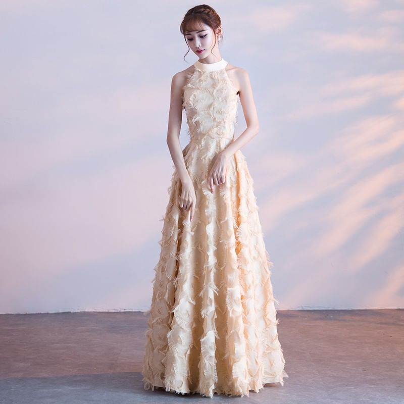 Halter-Neck A-Line Feather Gown Evening