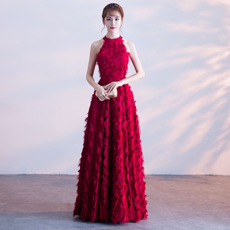 Halter-Neck A-Line Feather Gown Evening