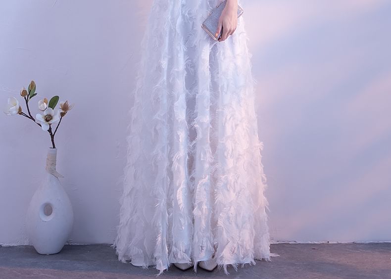 Halter-Neck A-Line Feather Gown Evening