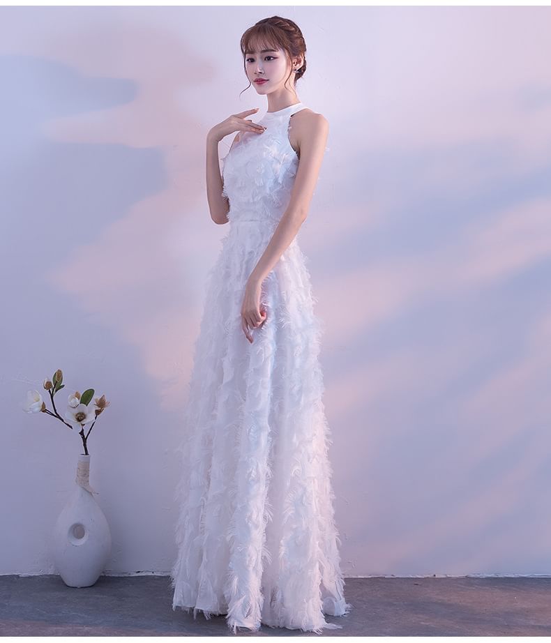 Halter-Neck A-Line Feather Gown Evening