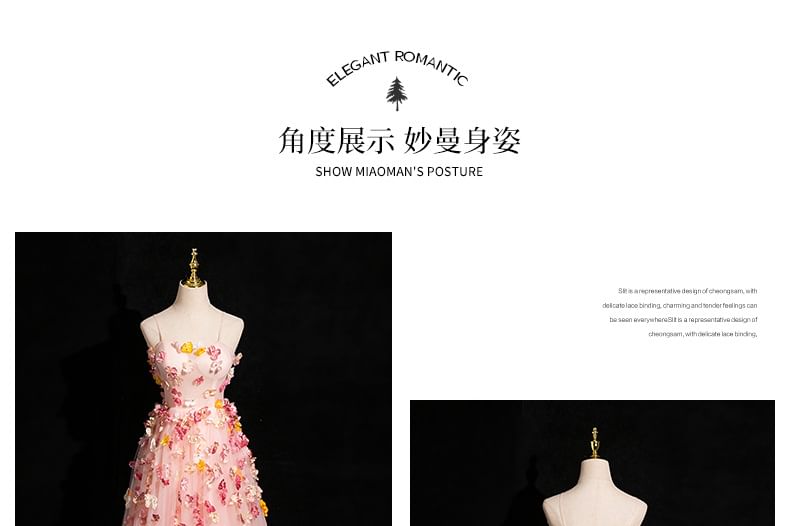 Mesh Spaghetti Applique Floral A-Line Evening Gown Strap