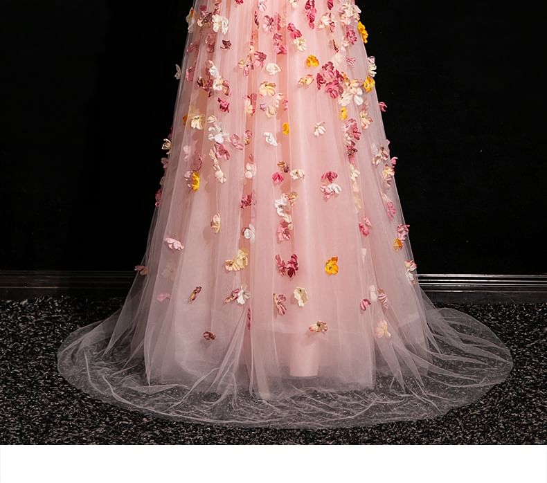 Mesh Spaghetti Applique Floral A-Line Evening Gown Strap