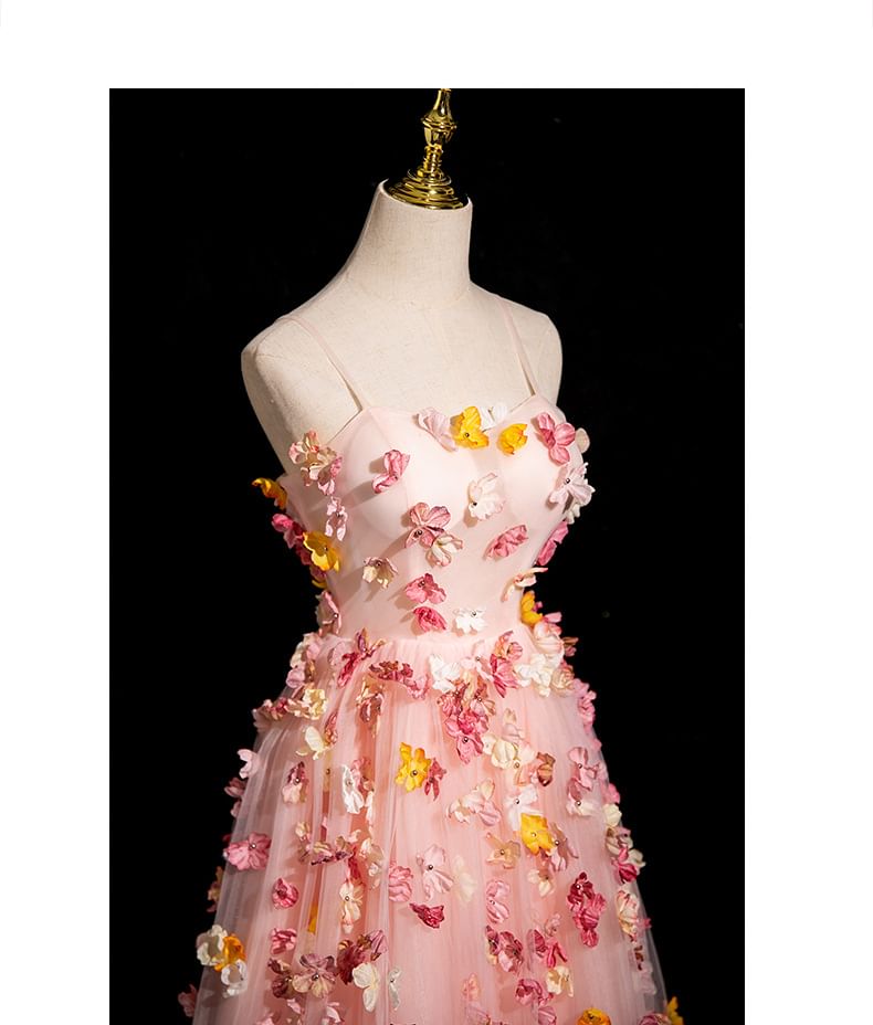 Mesh Spaghetti Applique Floral A-Line Evening Gown Strap