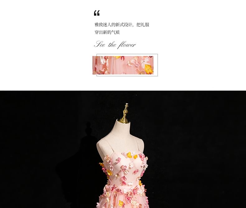 Mesh Spaghetti Applique Floral A-Line Evening Gown Strap