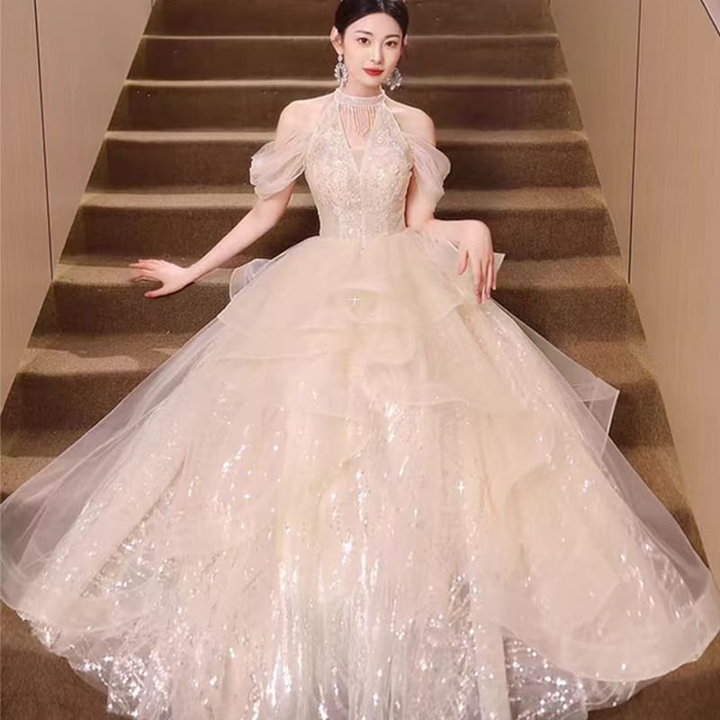 A-Line Evening Gown Cold-Shoulder Sequined Ruffled