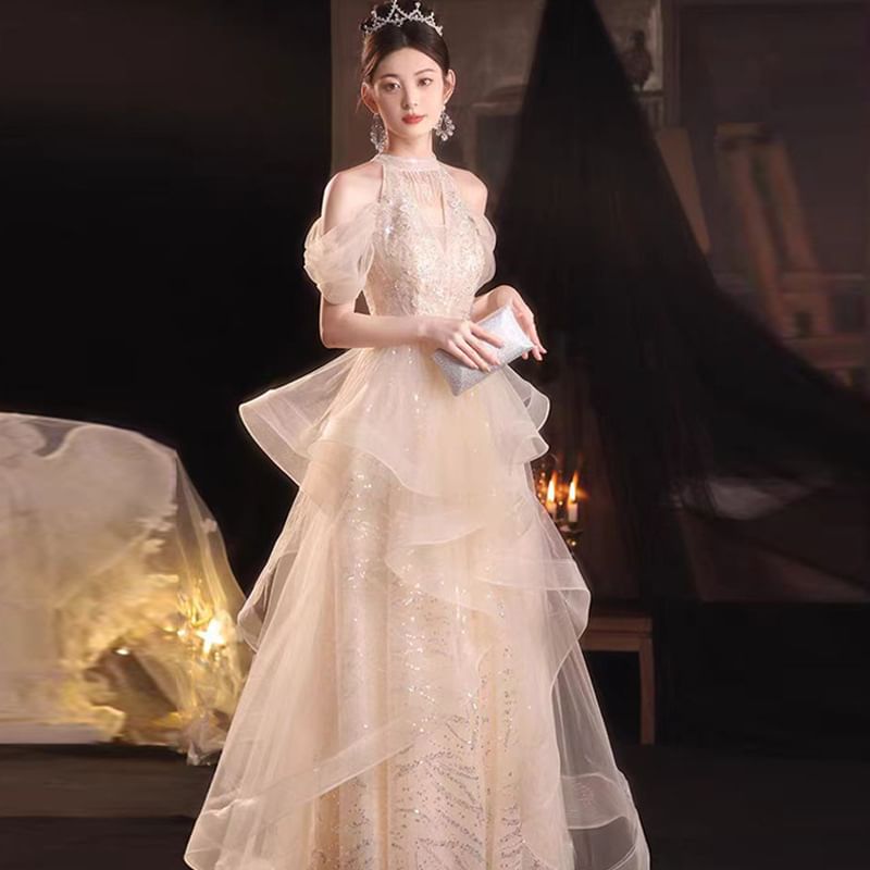 A-Line Evening Gown Cold-Shoulder Sequined Ruffled