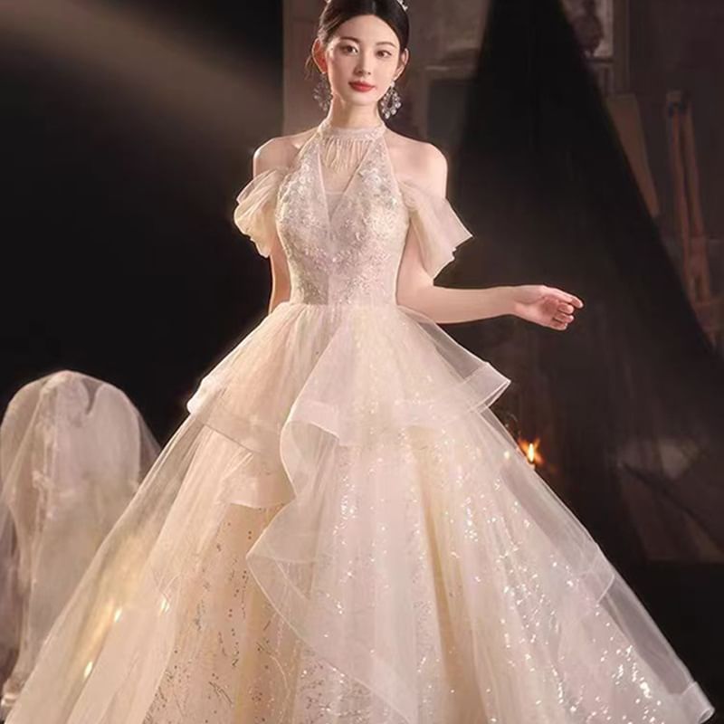 A-Line Evening Gown Cold-Shoulder Sequined Ruffled