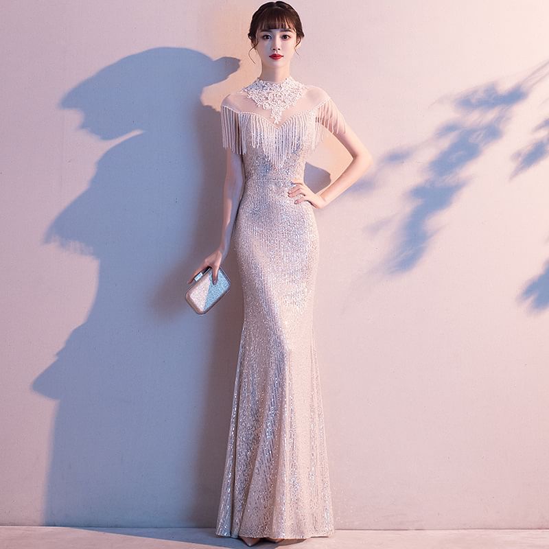 Short-Sleeve High Neck Fringe Sequined Mermaid Evening Gown