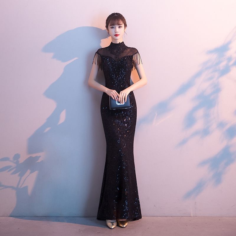 Short-Sleeve High Neck Fringe Sequined Mermaid Evening Gown