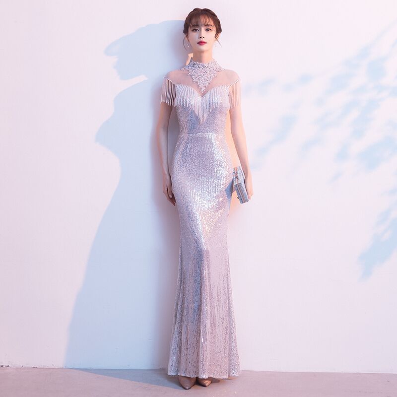 Short-Sleeve High Neck Fringe Sequined Mermaid Evening Gown
