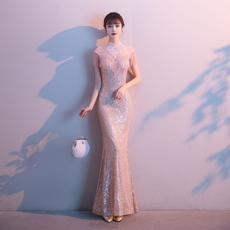 Short-Sleeve High Neck Fringe Sequined Mermaid Evening Gown