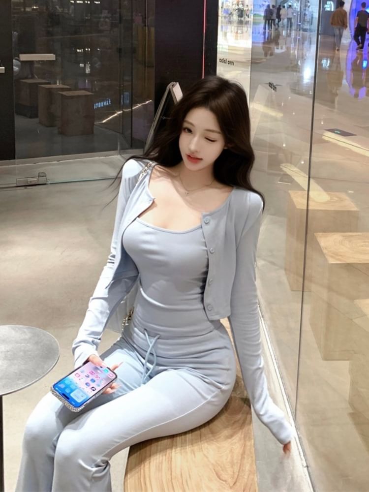 Cardigan Plain Button-Up Drawstring Crop Crew Pants Camisole Neck Flared Waist Top / Scoop