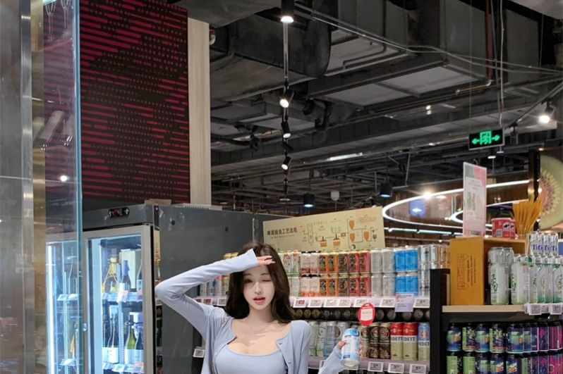 Cardigan Plain Button-Up Drawstring Crop Crew Pants Camisole Neck Flared Waist Top / Scoop