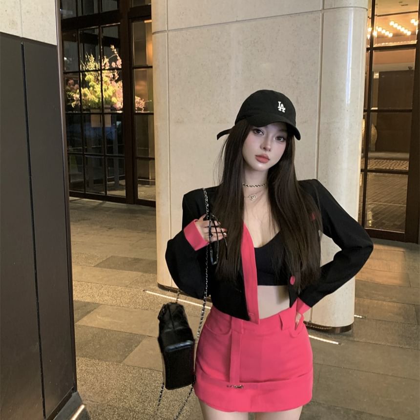 Mock Lapel High Designs) Pencil Tone Skirt Plain Blazer Mini (Various Notch / Two-Piece Two Waist