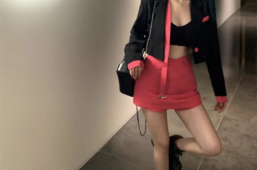 Mock Lapel High Designs) Pencil Tone Skirt Plain Blazer Mini (Various Notch / Two-Piece Two Waist