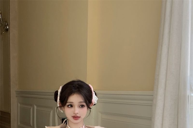 Trim Crop Halter Long-Sleeve / Bow High Lace Set Half Accent Knit Rise A-Line Top Neck Plain Mini Tiered Two-Piece Mock Apron Skirt