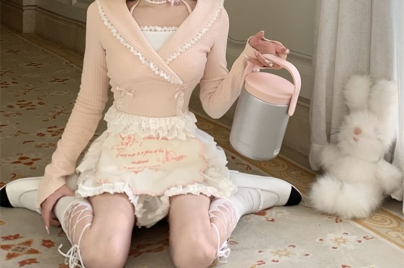 Trim Crop Halter Long-Sleeve / Bow High Lace Set Half Accent Knit Rise A-Line Top Neck Plain Mini Tiered Two-Piece Mock Apron Skirt