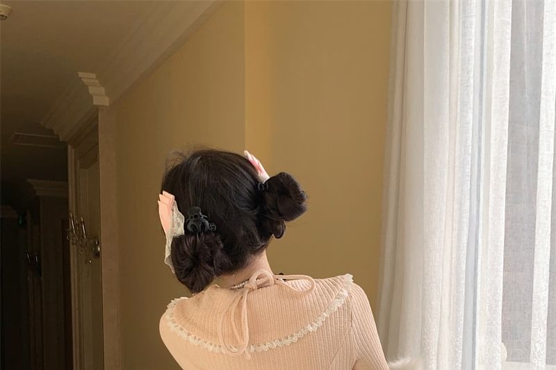 Trim Crop Halter Long-Sleeve / Bow High Lace Set Half Accent Knit Rise A-Line Top Neck Plain Mini Tiered Two-Piece Mock Apron Skirt