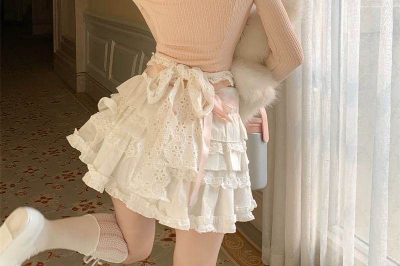 Trim Crop Halter Long-Sleeve / Bow High Lace Set Half Accent Knit Rise A-Line Top Neck Plain Mini Tiered Two-Piece Mock Apron Skirt