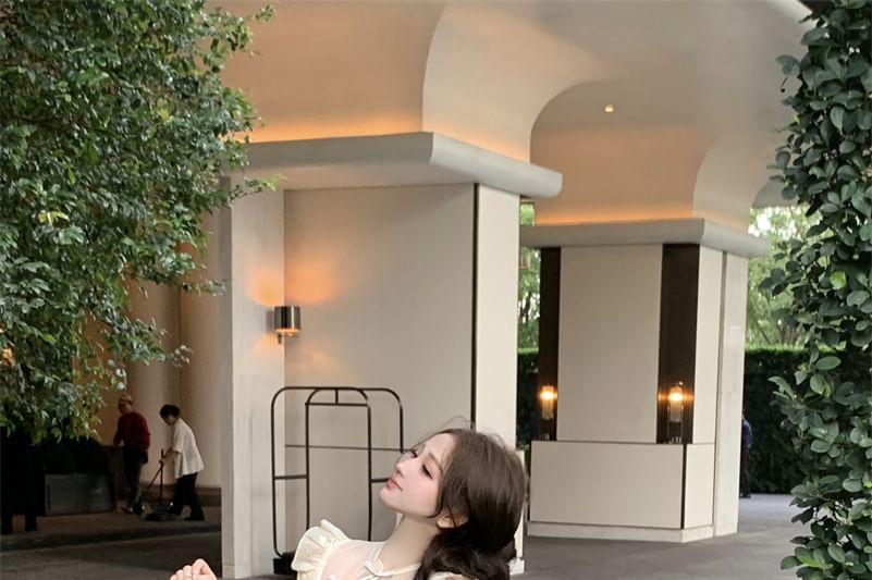 High Rise Cap-Sleeve Buttoned Wide Set Collar Leg Floral Plain Crop Frog Tube Slit Stand Embroidered Pants / Top