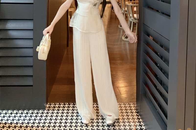 High Rise Cap-Sleeve Buttoned Wide Set Collar Leg Floral Plain Crop Frog Tube Slit Stand Embroidered Pants / Top