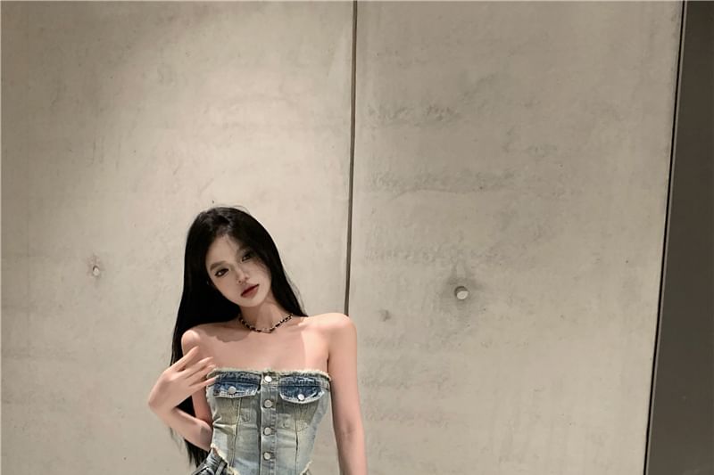 / Top Washed Rise Fit Denim Frayed Tube Button-Up Crop Jeans High Loose Ripped