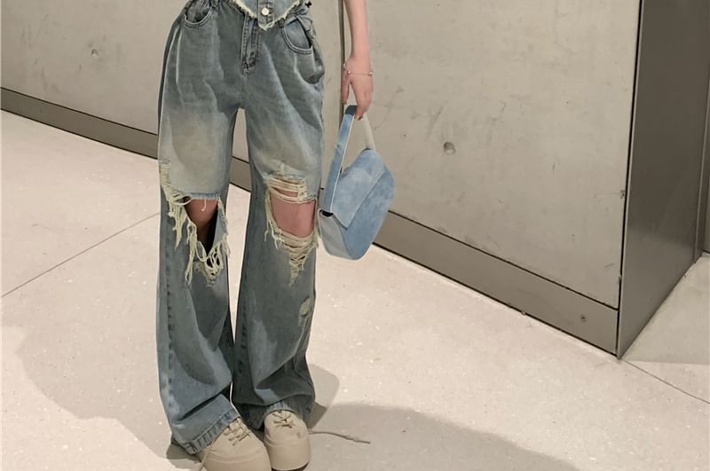 / Top Washed Rise Fit Denim Frayed Tube Button-Up Crop Jeans High Loose Ripped