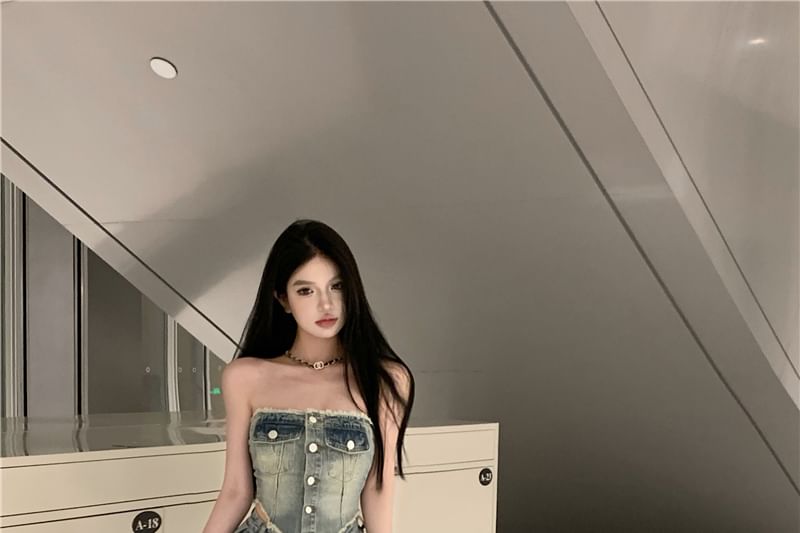 / Top Washed Rise Fit Denim Frayed Tube Button-Up Crop Jeans High Loose Ripped