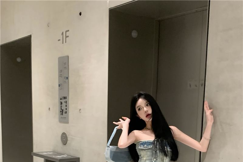 / Top Washed Rise Fit Denim Frayed Tube Button-Up Crop Jeans High Loose Ripped