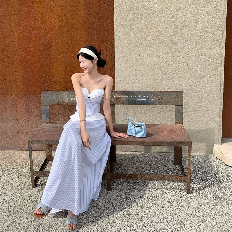 / Maxi Waist Cutout Skirt Mock Two-Piece Neckline A-Line Striped Camisole High Top Sweetheart Crop