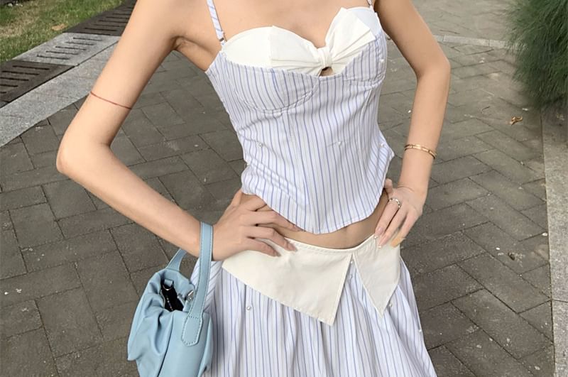 / Maxi Waist Cutout Skirt Mock Two-Piece Neckline A-Line Striped Camisole High Top Sweetheart Crop