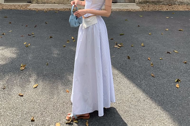 / Maxi Waist Cutout Skirt Mock Two-Piece Neckline A-Line Striped Camisole High Top Sweetheart Crop