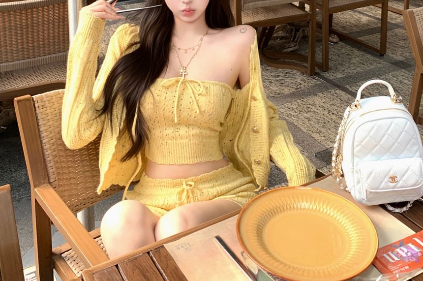 Perforated / Pants Drawstring Cardigan Hot Tube Waist Speckle Top Crop Front Knit Tie