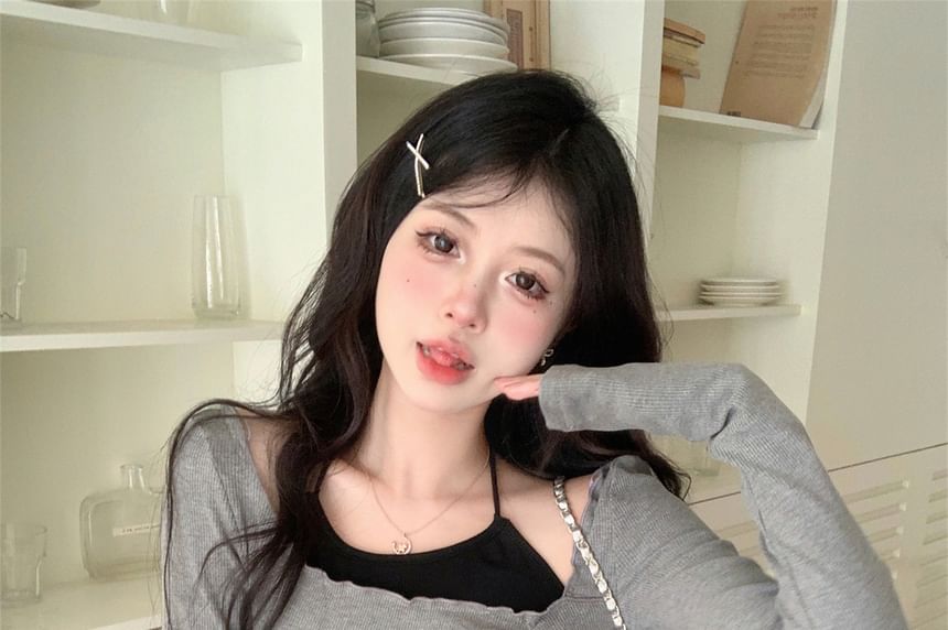 High Top Long-Sleeve Accent Skort T-Shirt Halter Set Bow A-Line / Neck Mini Waist Asymmetrical Plain Crop