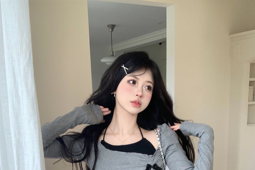 High Top Long-Sleeve Accent Skort T-Shirt Halter Set Bow A-Line / Neck Mini Waist Asymmetrical Plain Crop