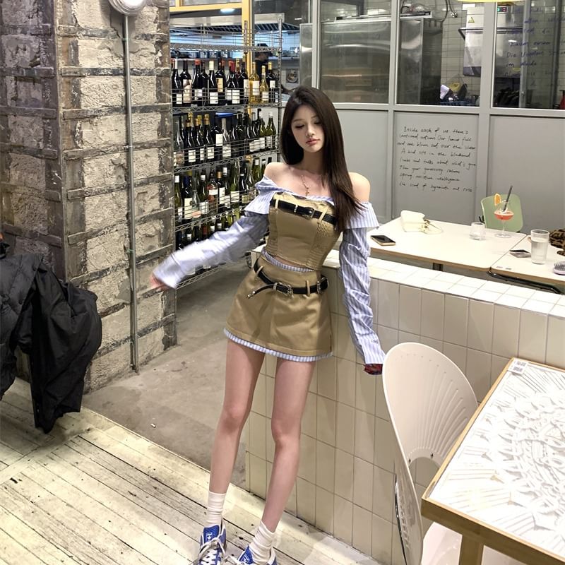 Blouse A-Line Smocked Two-Piece Set Off-Shoulder Skirt Striped Belt Long-Sleeve High Mock Panel Mini / Crop Waist