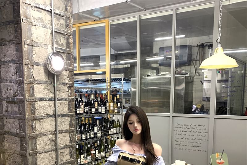 Blouse A-Line Smocked Two-Piece Set Off-Shoulder Skirt Striped Belt Long-Sleeve High Mock Panel Mini / Crop Waist